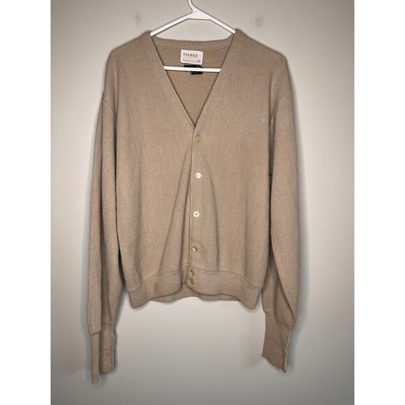 1960s THANE Tan Beige Minimalist Neutral Orlon Acrylic Grandpa Cobain Cardigan N - Picture 1 of 7